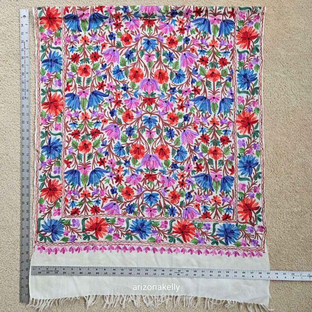 Wool Scarf With Colorful Chain Stitch Embroidery Flowers Vines - Picture 3 of 16
